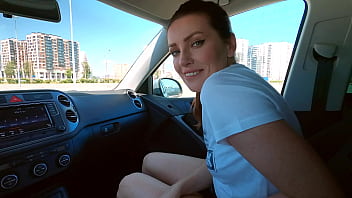 Amateur MILF gives a public blowjob and swallows cum in the car