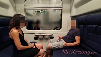 Public masturbation and blowjob in a risky train encounter